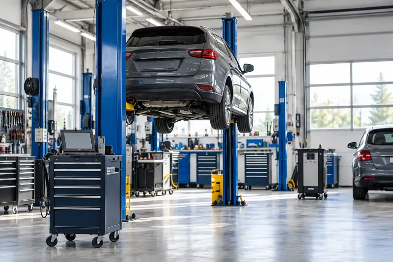 Ponte sollevatore e attrezzi in un'autofficina, immagine illustrativa